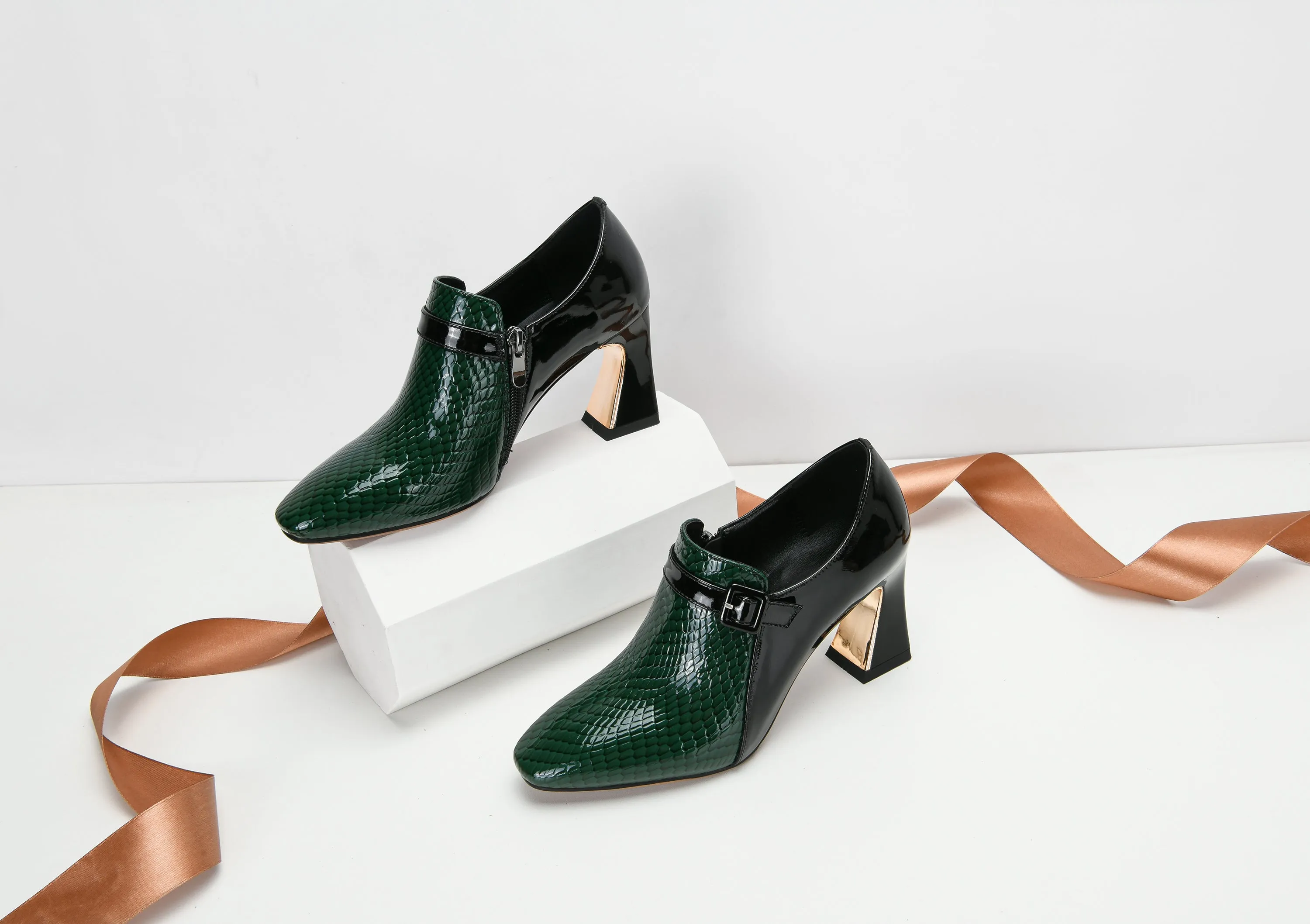TinaCus Women's Genuine Leather Round Toe Handmade Buckle Side Zipper Multi-Colored Mid Chunky Heel Stylish Pumps Shoes