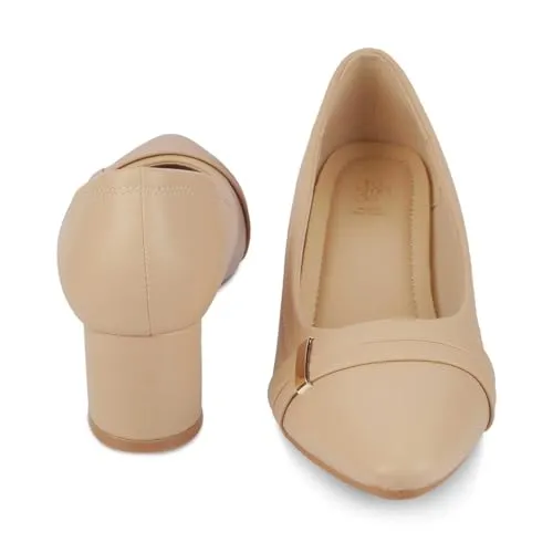 tresmode NEWAR Women's Block Heels Pump Sandals Stylish Beige, 6 UK / 39 EU - Pointed Toe Ladies Footwear Soft Comfortable Shoes