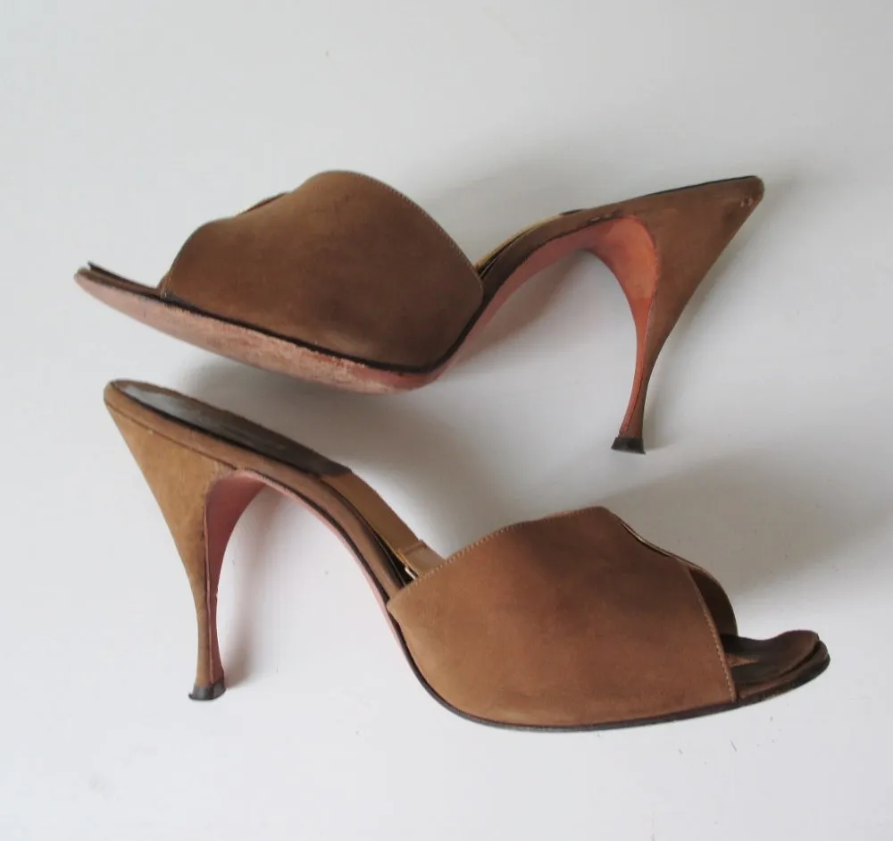 Vintage 60's Cocoa Suede Springolator Heels Shoes 8 / 8.5 M