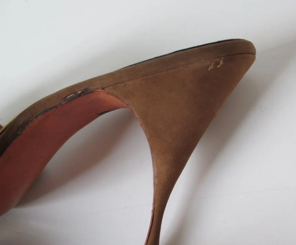 Vintage 60's Cocoa Suede Springolator Heels Shoes 8 / 8.5 M