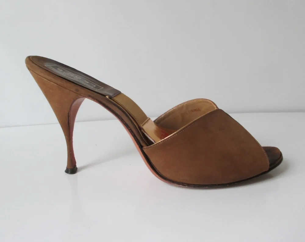 Vintage 60's Cocoa Suede Springolator Heels Shoes 8 / 8.5 M