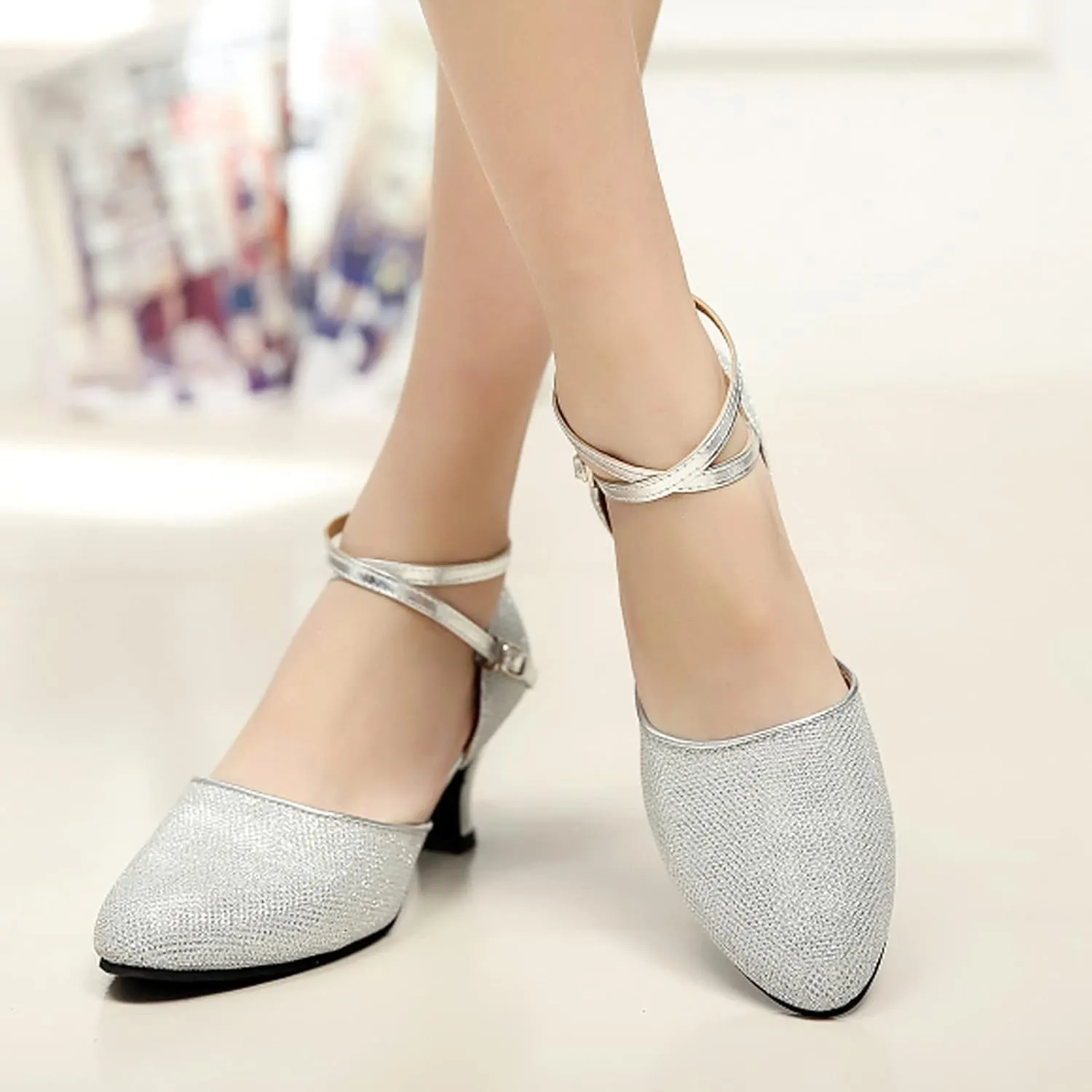 Women's Ankle Strap Heels Ballroom Latin Salsa Dance Pumps Close Pointed Toe Kitten Heel Latin Ballroom Dance Shoes