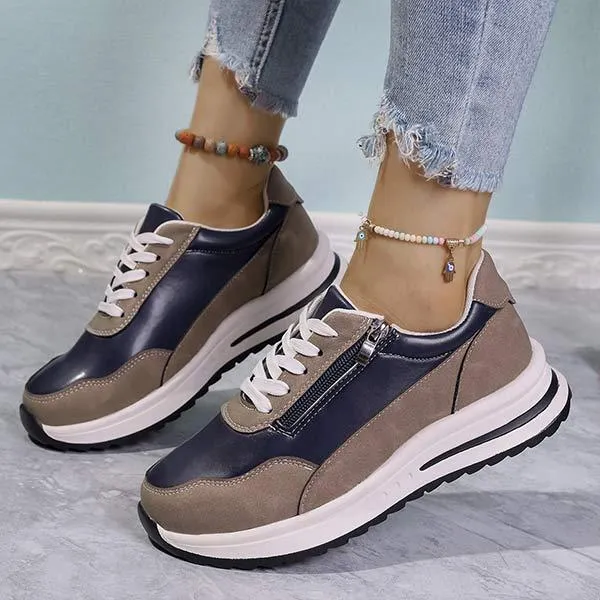 Women's Round Toe Lace-Up Color Block Sneakers 39646912C