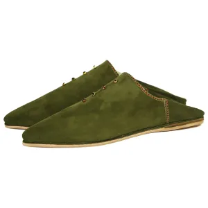 Women's Suede Pearls Green Moroccan Babouches Leather Slippers-Green