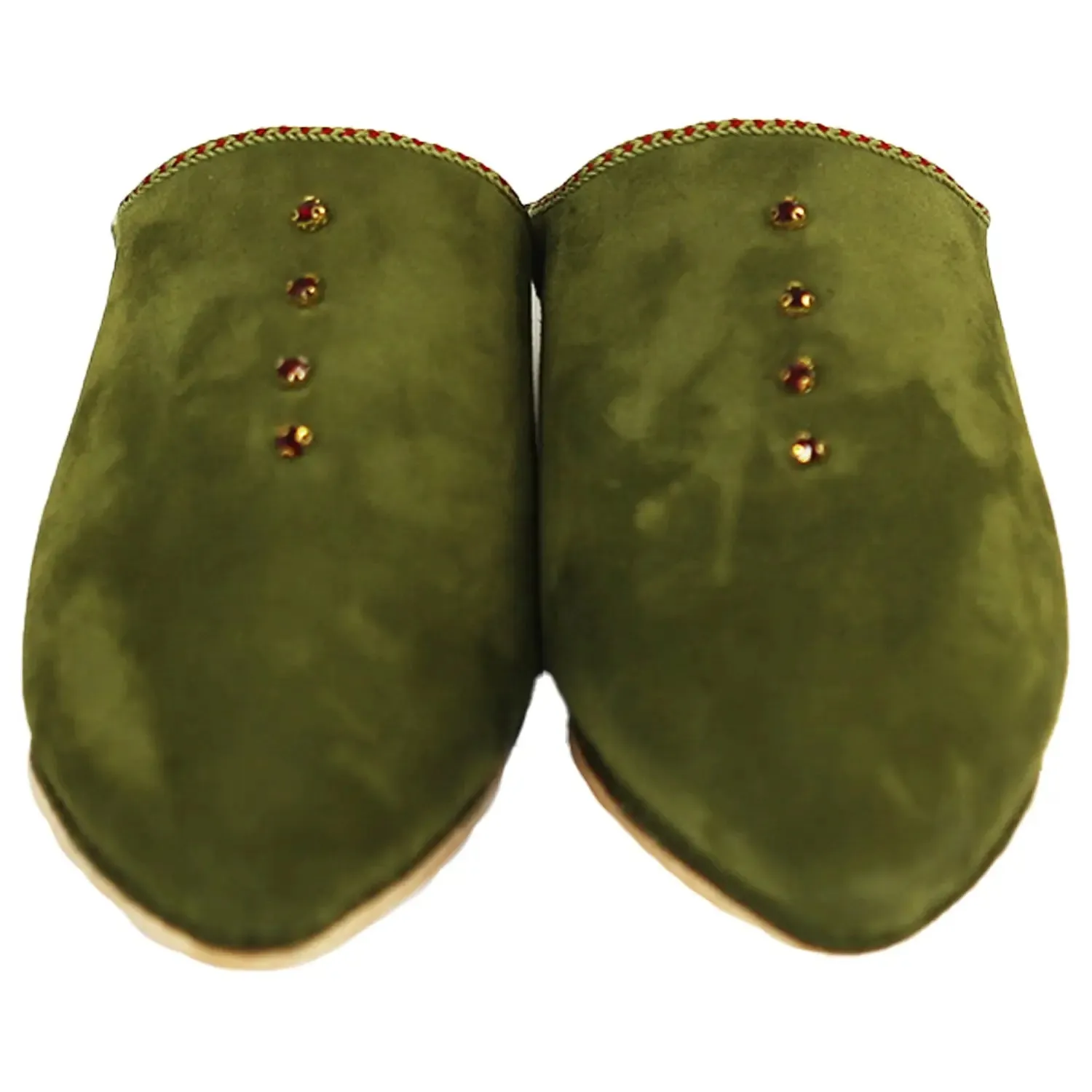 Women's Suede Pearls Green Moroccan Babouches Leather Slippers-Green
