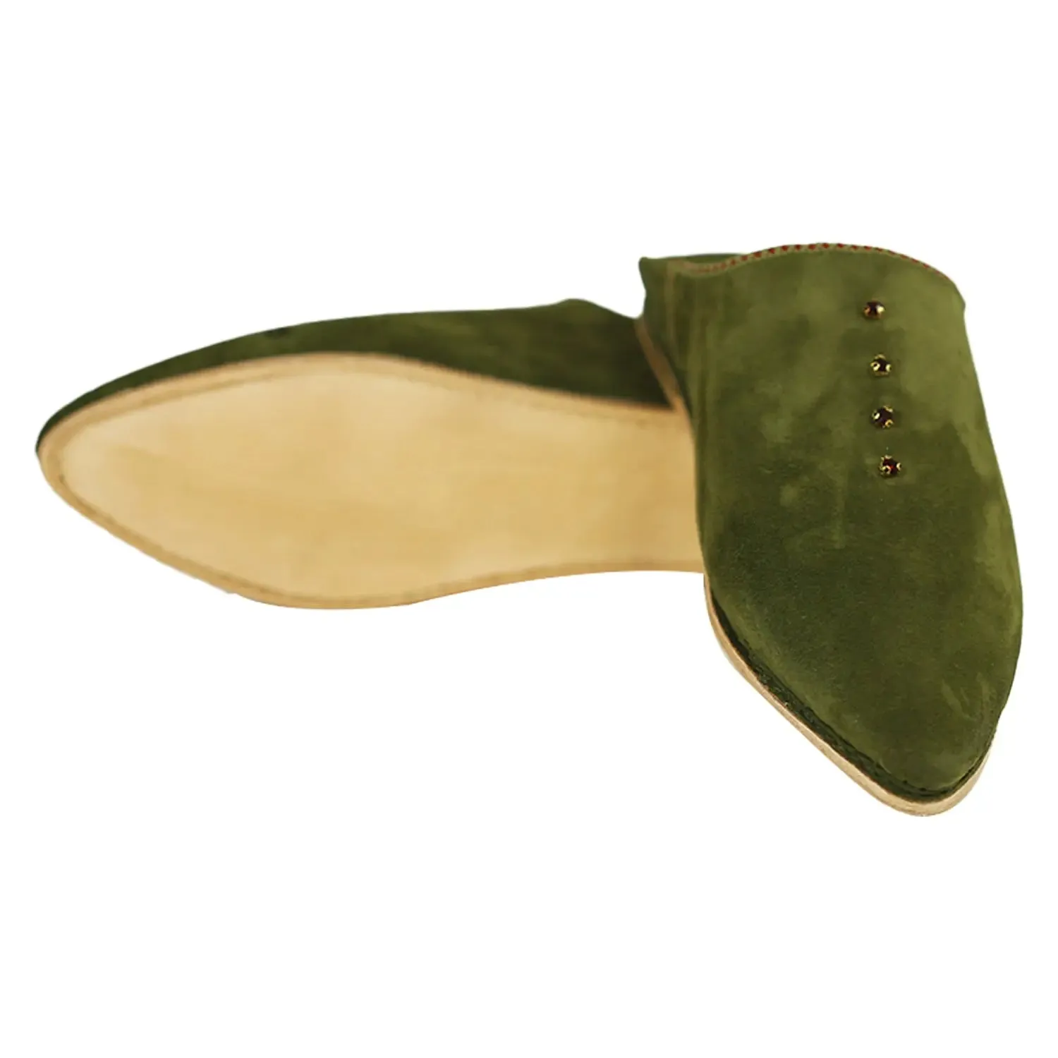 Women's Suede Pearls Green Moroccan Babouches Leather Slippers-Green