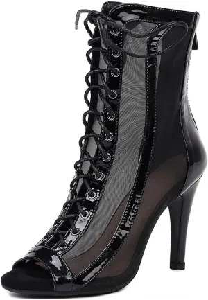 YKXLM Latin Dance Boots Salsa Women Ballroom Lace-up Ankle Open Toe Dance Shoes,953,3 inch Heel,Black,8.5 US