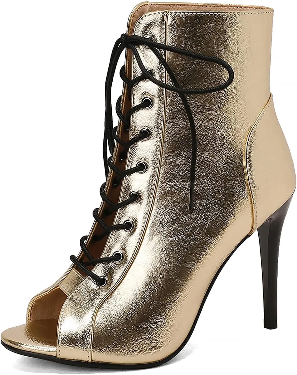 YKXLM Latin Dance Boots Salsa Women Ballroom Lace-up Ankle Open Toe Dance Shoes,9676-1,Gold,9US