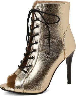 YKXLM Latin Dance Boots Salsa Women Ballroom Lace-up Ankle Open Toe Dance Shoes,9676-1,Gold,9US