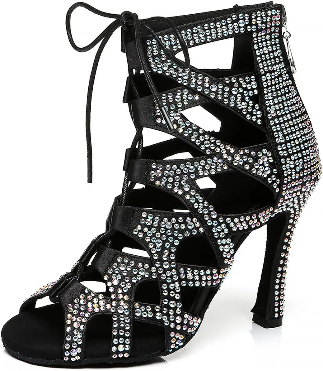 YKXLM Latin Dance Boots Salsa Women Ballroom Lace-up Ankle Open Toe Dance Shoes,L439,4 inch Heel,Black,6.5 US