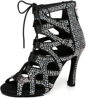 YKXLM Latin Dance Boots Salsa Women Ballroom Lace-up Ankle Open Toe Dance Shoes,L439,4 inch Heel,Black,6.5 US